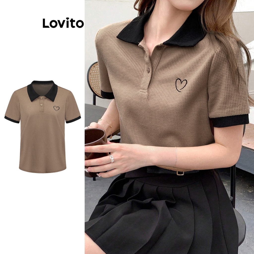 Lovito Women Casual Heartshape Colorblock Waffle Knit Polo T-Shirts ...