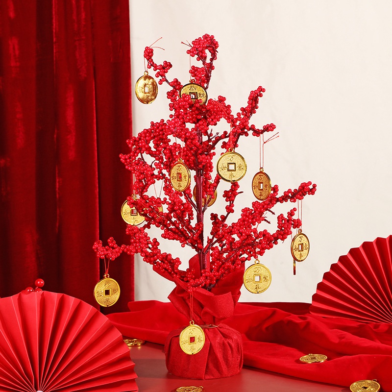 CNY New Year Decorations Red Berries Tree, 50cm Small Table Top ...