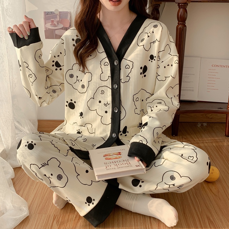 College Style Cartoon Korean Pajamas Women Cute Pyjamas Long Sleeve ...