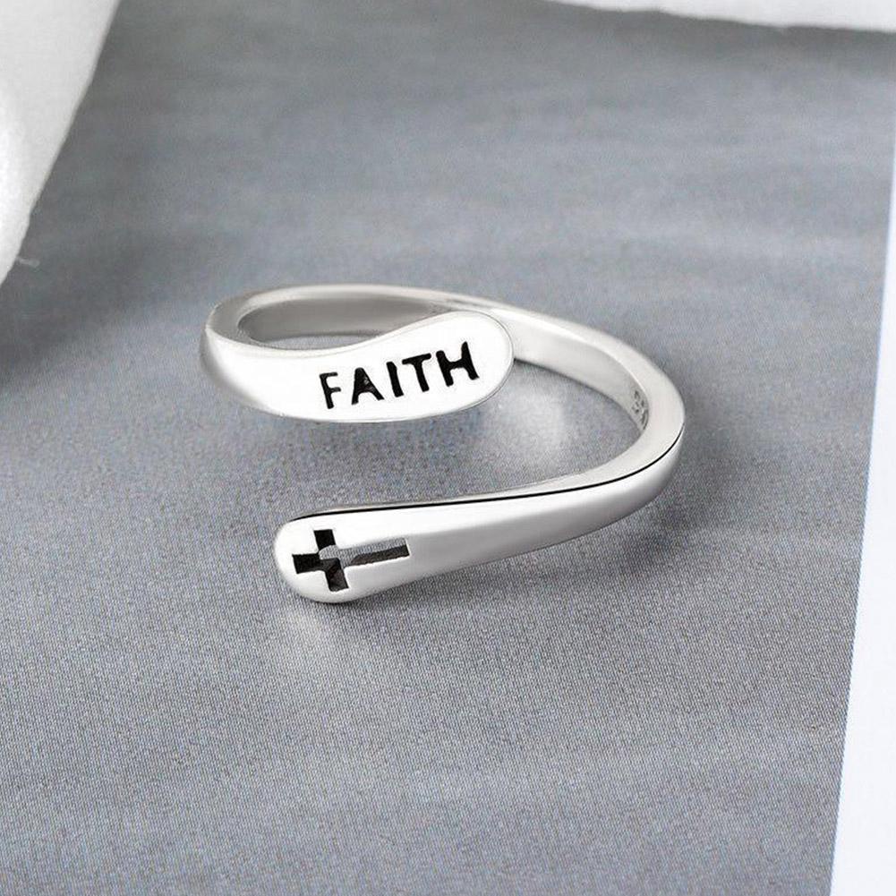 Faith Cross Silver Color Ring Women’S Stainless Steel Open Resizable ...