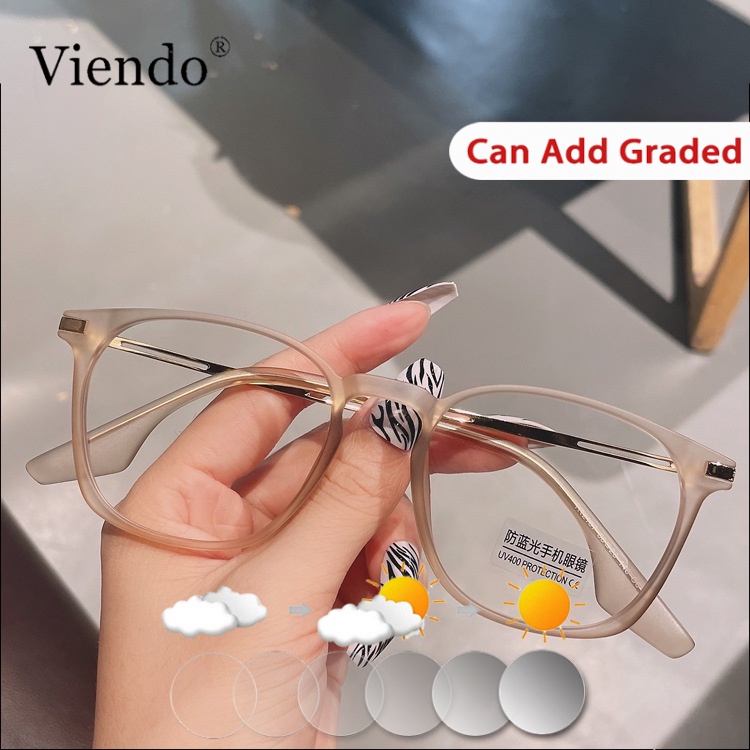 Viendo Graded Glasses Photochromic Anti Radiation Eye Glasses For Women Men Flexible TR90 Square Sun Adaptive Transition 2 in 1 Eyeglass Specs Anti Blue Light UV400 Myopic Replaceable Lens Index 1.56 ...