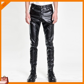 Spring Summer Men Leather Pants Elastic High Waist Lightweight Casual PU  Leather Trousers Thin Causal Trousers (Color : Drawstring Black, Size : 31)