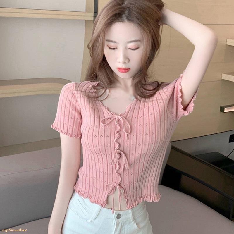 Diya Womens Korean Knitted Tops V Neck Solid Color Lace Up Short