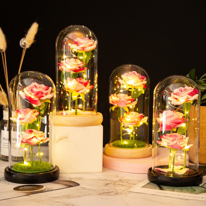 1PC Light up Rose in Glass Dome LED Galaxy 3Rose Artificial Flowers ...