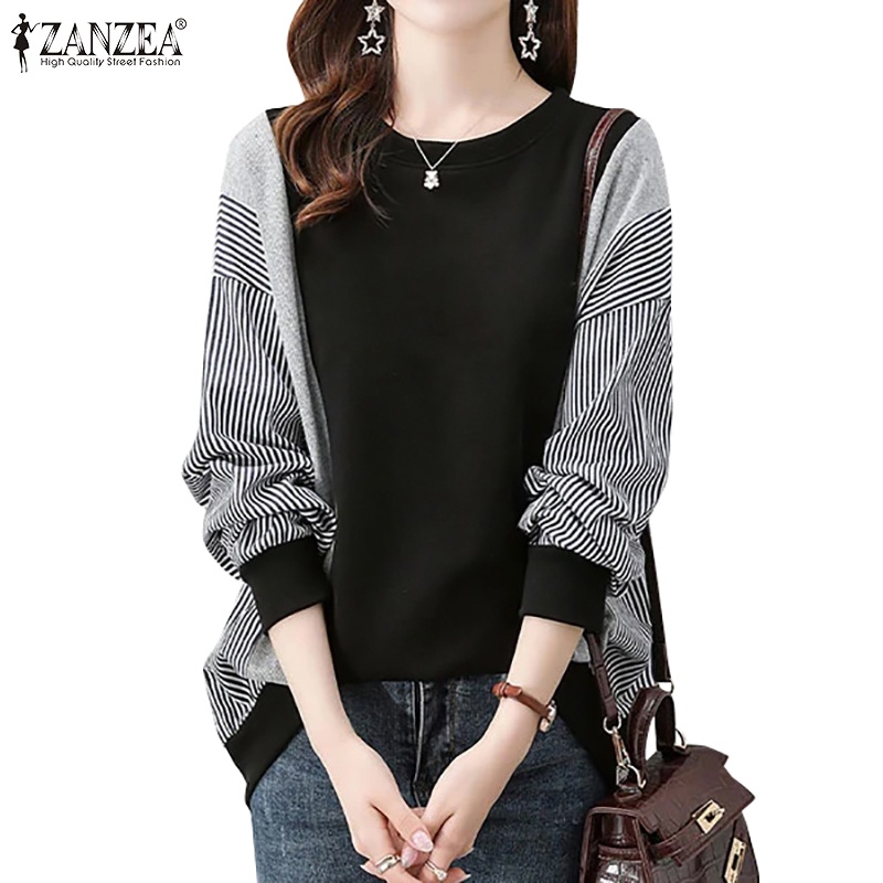 Zanzea Women Korean Crew Neck Long Sleeved Patchwork Stripes Loose