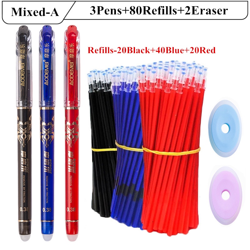 3 Pens + 80 Refills + 2 Eraser Set 0.38mm Erasable Gel Pen Blue Black ...