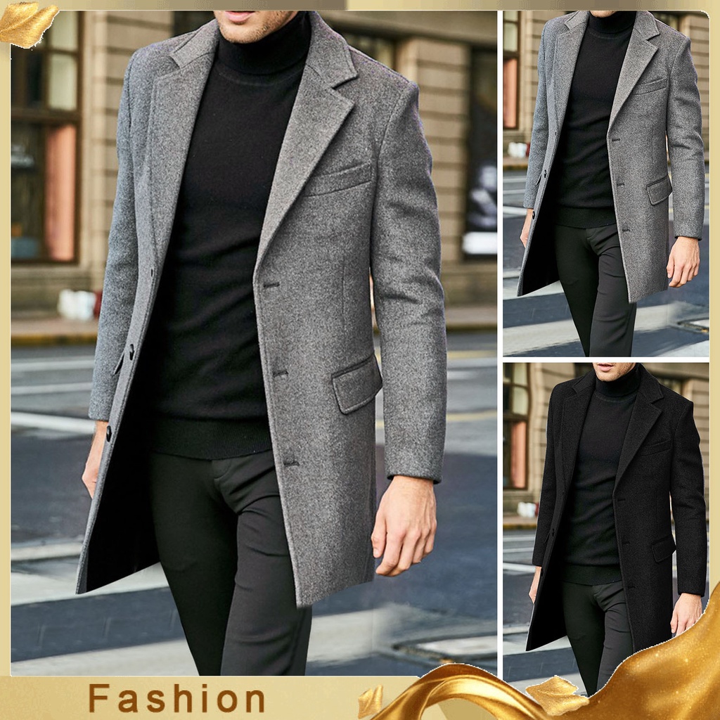 CFW Men Winter Solid Color Suit Coat Lapel Long Sleeve Flap Pockets Single breasted Mid length Warm Jacket Overcoat Shopee Philippines