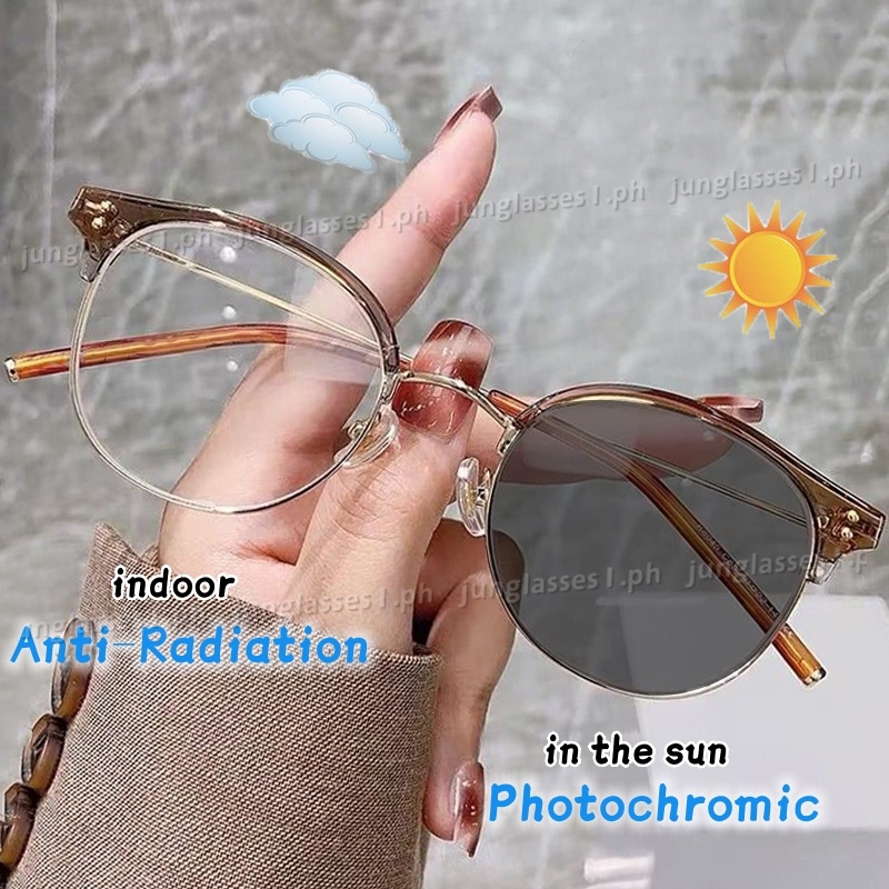 Photochromic Anti Blue Light Brown Flat Mirror Fashionable Half Frame