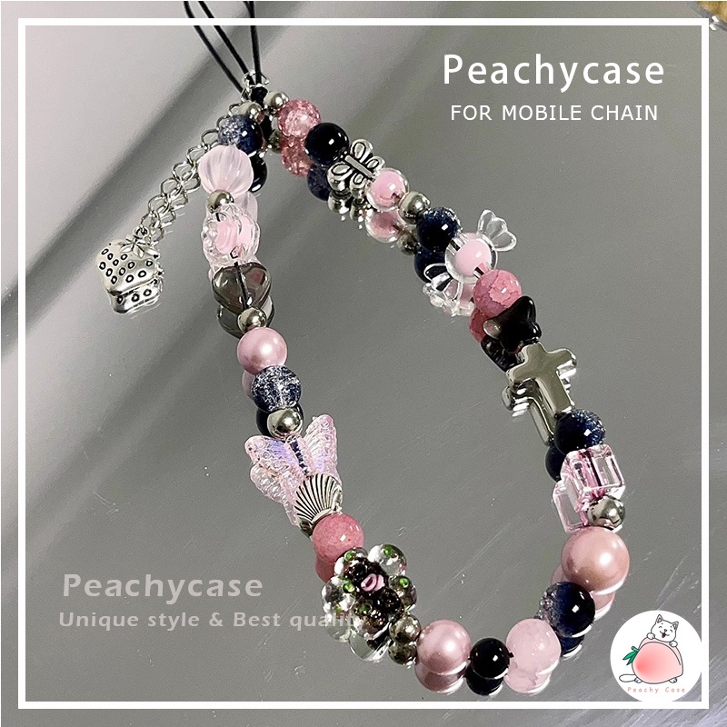 INS Pink Butterfly Phone Rope Hand Strap Multi-functional Beaded Chain ...