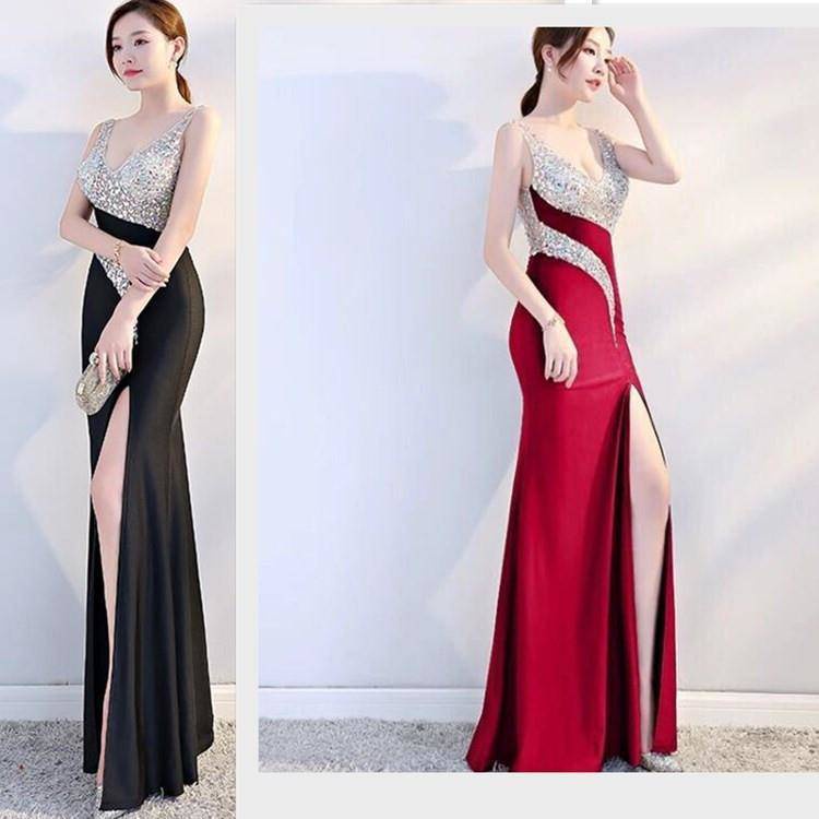 Evening Dress (Cotton) Woman Sexy V-Neck Sequin Printed Elegant Banquet ...