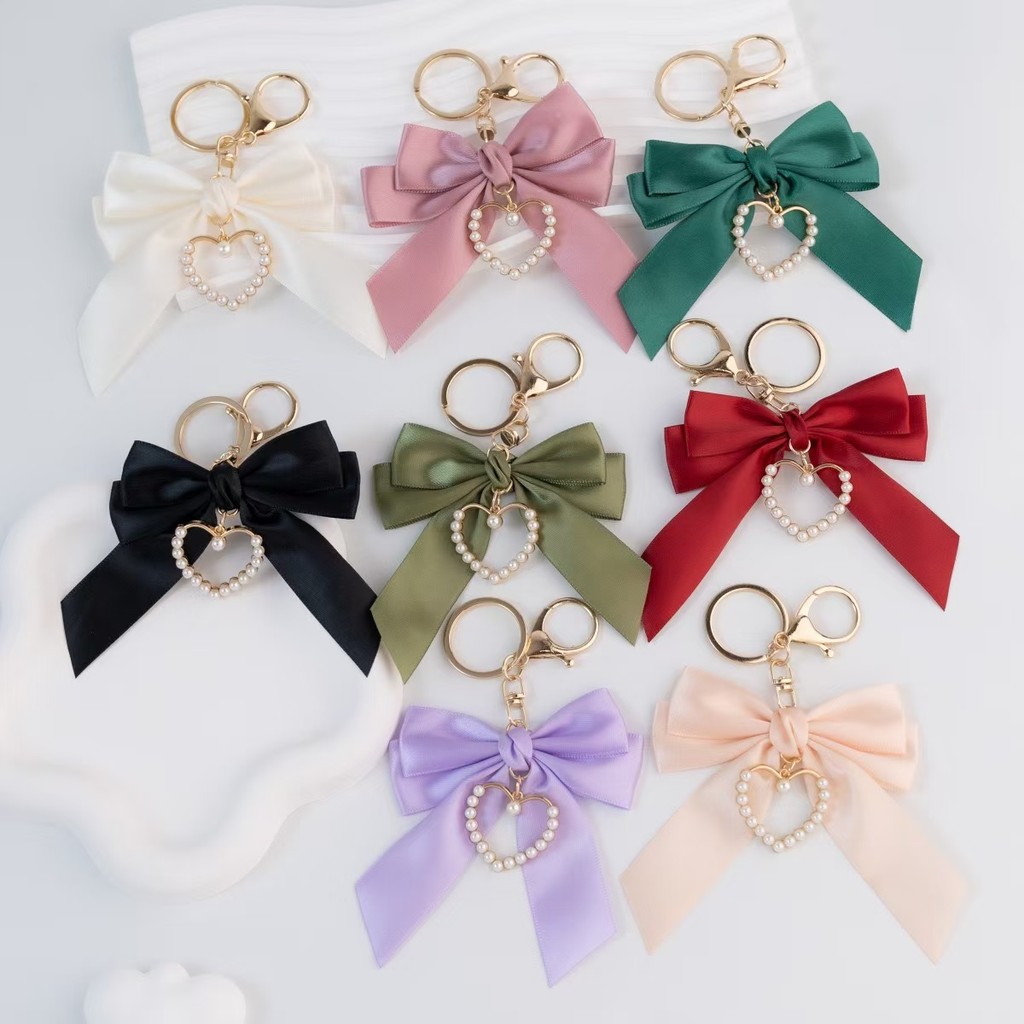 Sweet Imitation Pearl Heart Keychains Fashion Ribbon Bow Keyrings ...