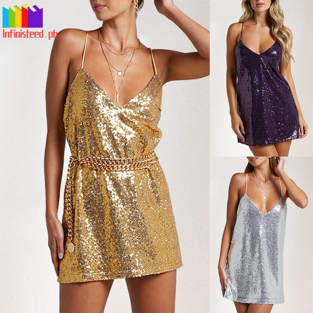 IFin✿Women Sequin Cami Dress Glitter Sleeveless Shiny Dress