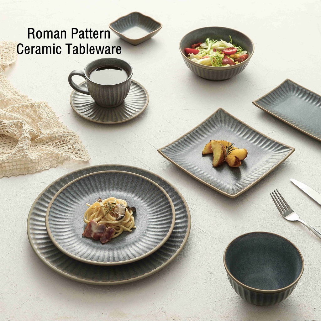 VISHINE Roman Pattern Ceramic Tableware Kiln Turn Gray Blue Plates Bowl ...