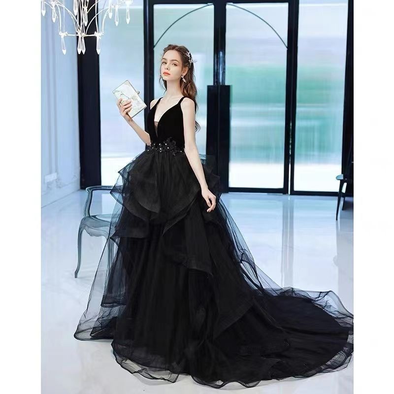 Evening Dress Female Banquet Noble Temperament Black Thin French Party Dress