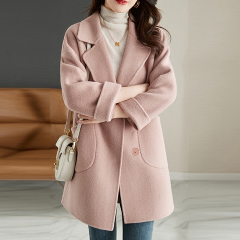Pink Woolen Coat Women's Mid-Length 2023 Autumn Winter New Style Small  Temperament Loose Fashion Woolen Coat