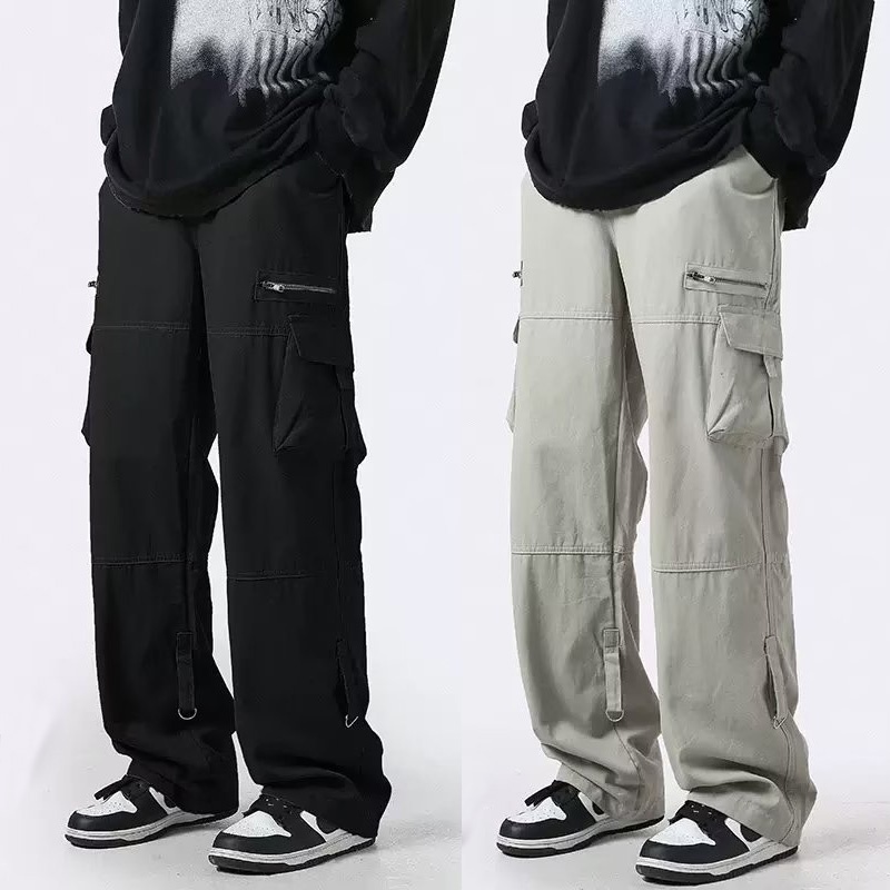 M-3XL Men's Cotton Loose Straight Zip Pockets Cargo Pants Fashion