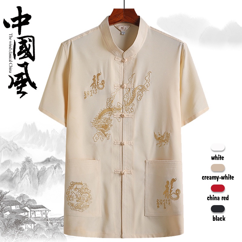 China New Year Chinese Traditional Wear Linen Shirt Short Sleeve
