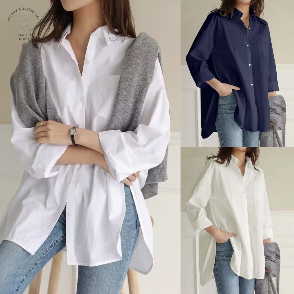 {Shipped from Manila+COD} Blouse for Women Lapel Neck Button Up Long ...