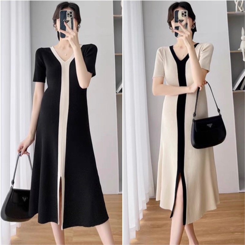 Baao Summer New Fashion V-neck Ladies Temperament Waist Knitted Dress 