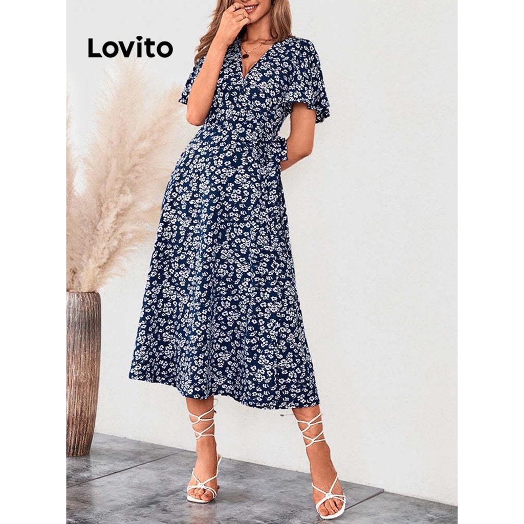 Lovito Women Boho Ditsy Floral Belted Dress LNE27044 (Green/Blue ...