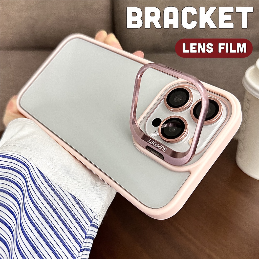Fold Camera Bracket Phone Case for IPhone 11 12 13 14 15 Pro Max 14 15 Plus  Transparent Glass Lens Film Protection Shockproof Cover