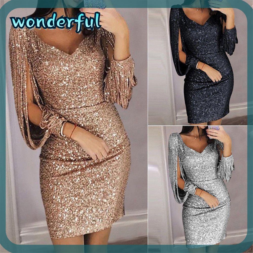 WONDER Ladies Sexy Tassels Dress Elegant Glitter Long Sleeve Vneck