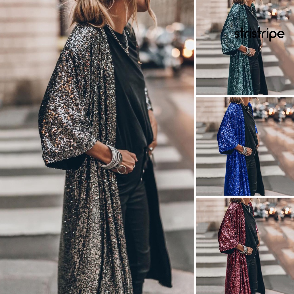 STRR 3 4 Sleeve Open Stitch Loose Fit Cardigan Coat Women Shiny Sequins Mid length Cape Jacket Streetwear