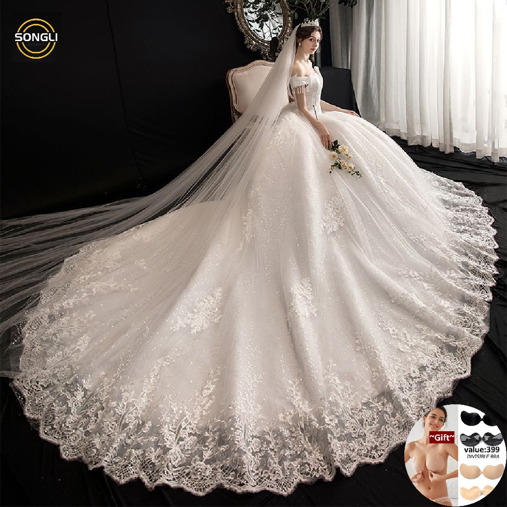 Off Shoulder Simple Shine Wedding Dress New Bride Slim Luxury French ...