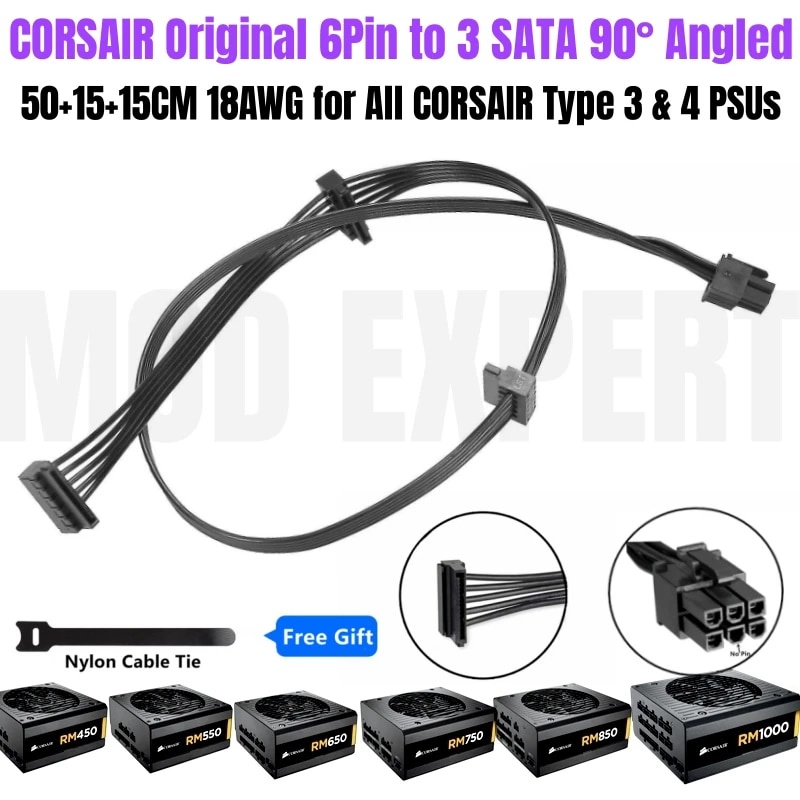 CORSAIR Original 6Pin to 3 SATA Right Angle SSD HDD Hard Drive Power