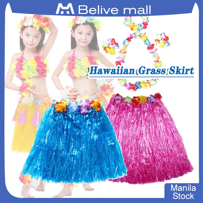 Hawaiian Grass Skirt Set Hula Grass Skirt Set Flower Hula Lei Wristband Garland Fancy Dress