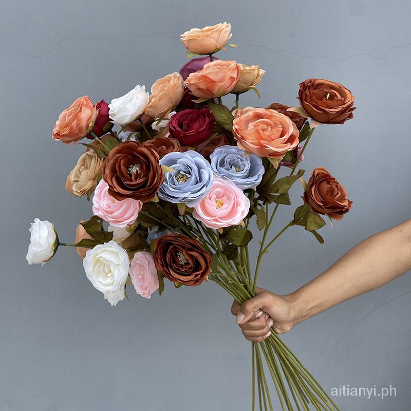 3 Dew Lotus Simulation Rose Bouquet Wedding Plastic Flower Silk Flower ...