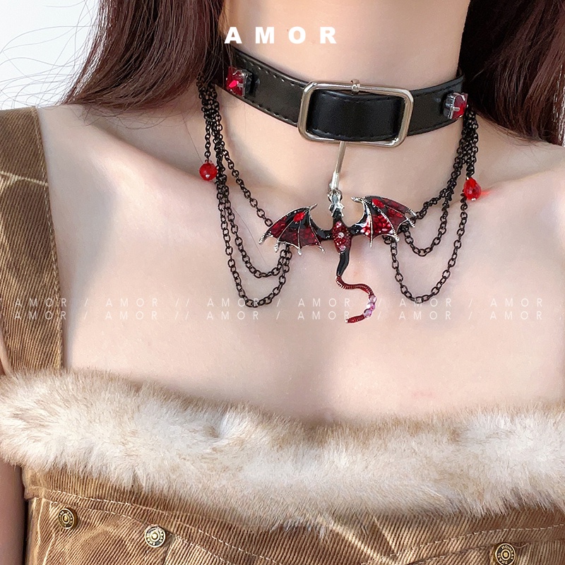 Y2K Red Flying Dragon Chain Black leather Choker necklace Niche design ...