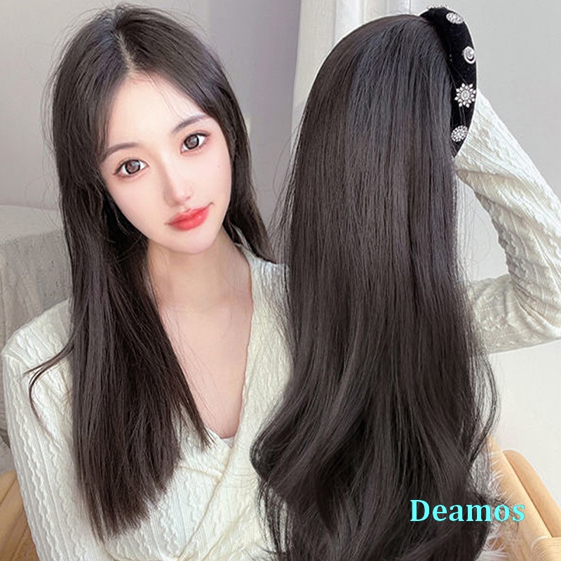 Deamos Black long curly hair wig Korean style headband wig female U