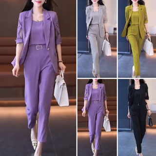 New Womens Office Formal Blazer Top Coat Wide Leg Pants Slim 2Pcs Suit  Korean
