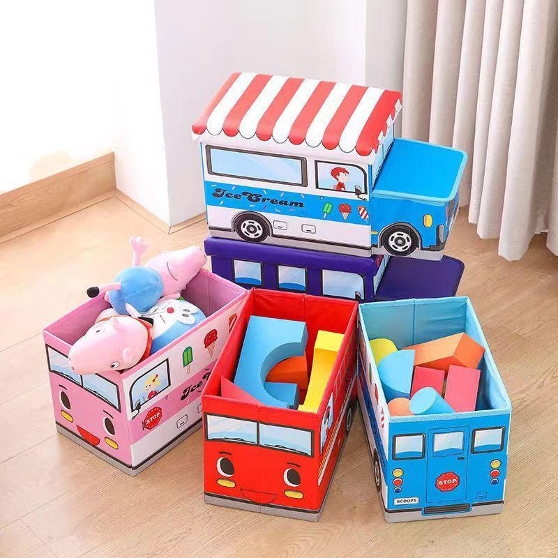 Kids Cartoon School Bus Storage Box Chair Kids Stool Ottoman Foldable ...