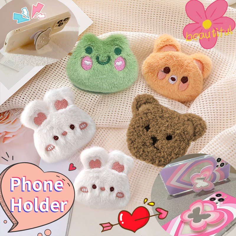 Plush Cartoon Doll Phone Holder Adhesive Retractable Phone Grips Universal For Phones And