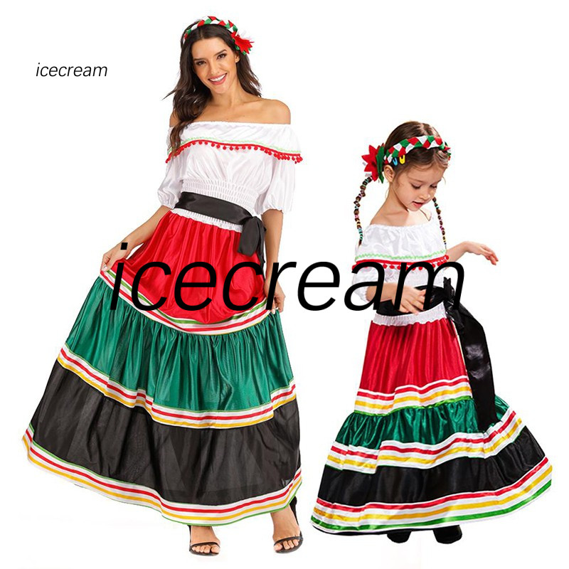 Women Girl Traditional Folk Mexican Dress Halloween Costume For Parent child Family Party Carnival Dress Disney Princess Stage Performance Dance Fancy Dress Shopee Philippines