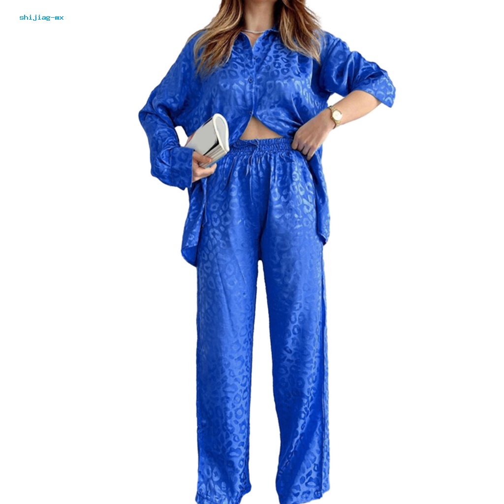 shijiag Women Twopiece Set Lightweight Top Pants Suit Leopard Print