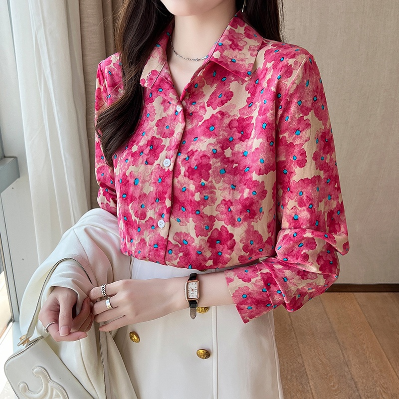 In Stock Fashion Printed Ladies Chiffon Shirt Lapel Long-Sleeved Top