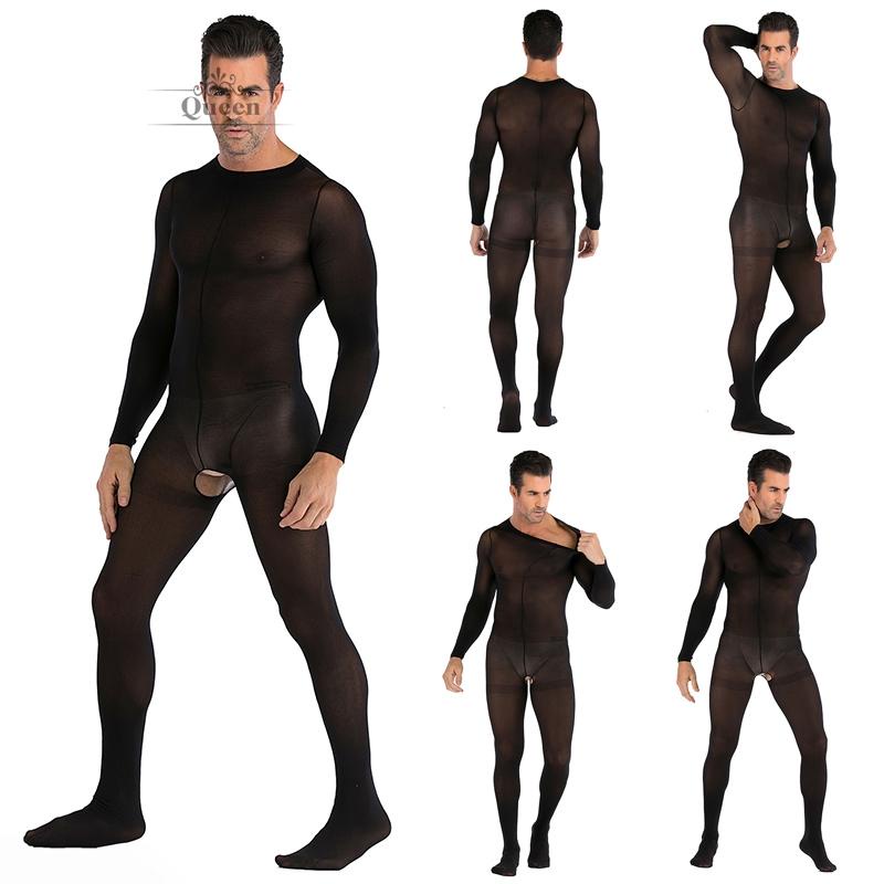 Men Male Bodysuit Round neck Slim fit See through Mesh Men Male ...