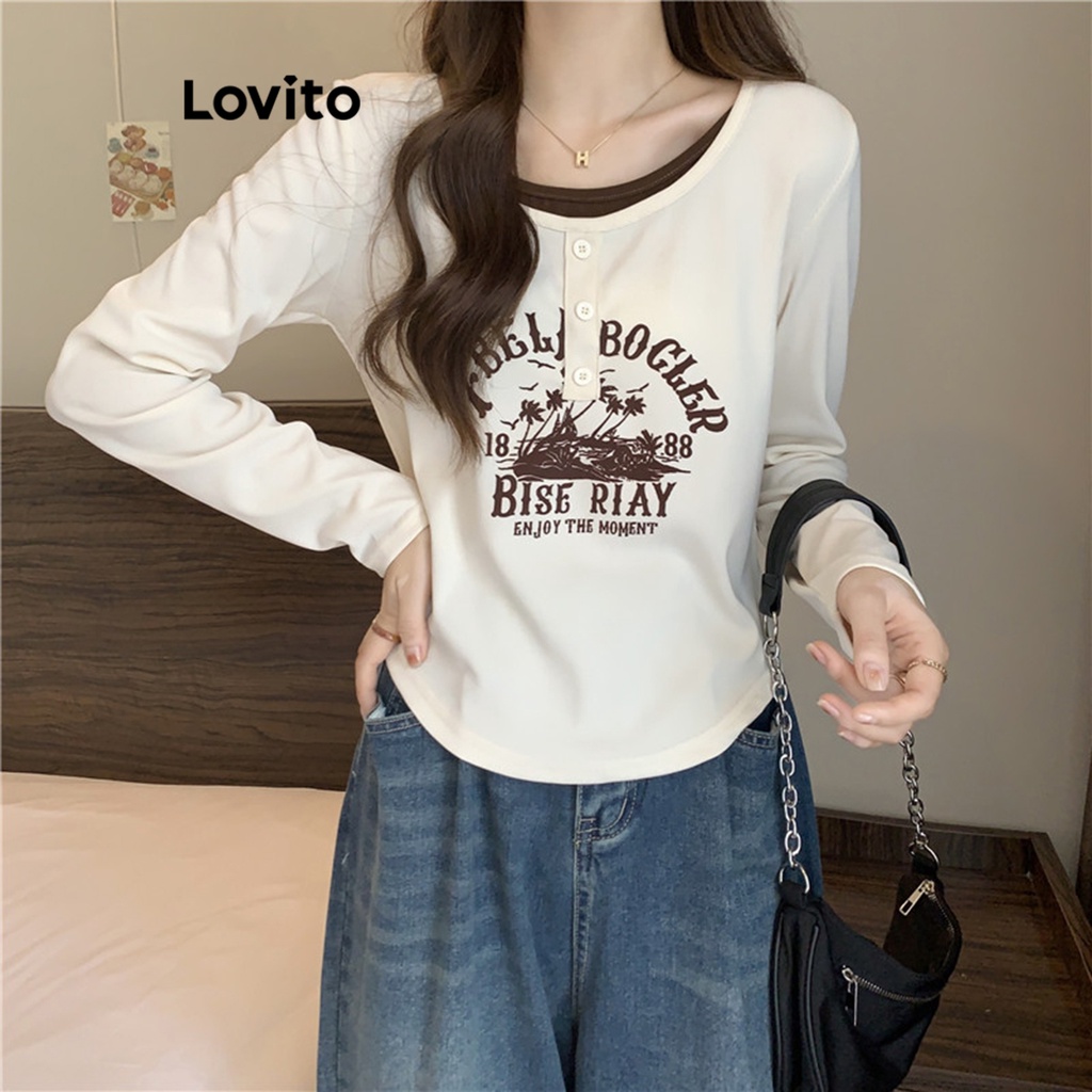 Lovito Women Modest Plain Colorblock T-Shirt LNA27398 (Apricot/Black ...