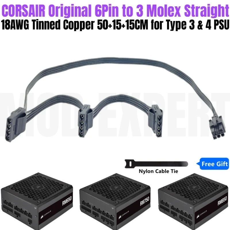 Original CORSAIR 6Pin to 3 Molex 4Pin IDE PATA Perif Fan Power Cable
