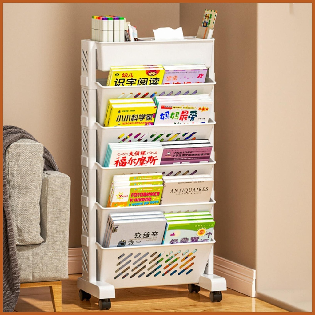 Movable Bookshelf 5 Tier Mobile Book Shelf with Wheels Multipurpose