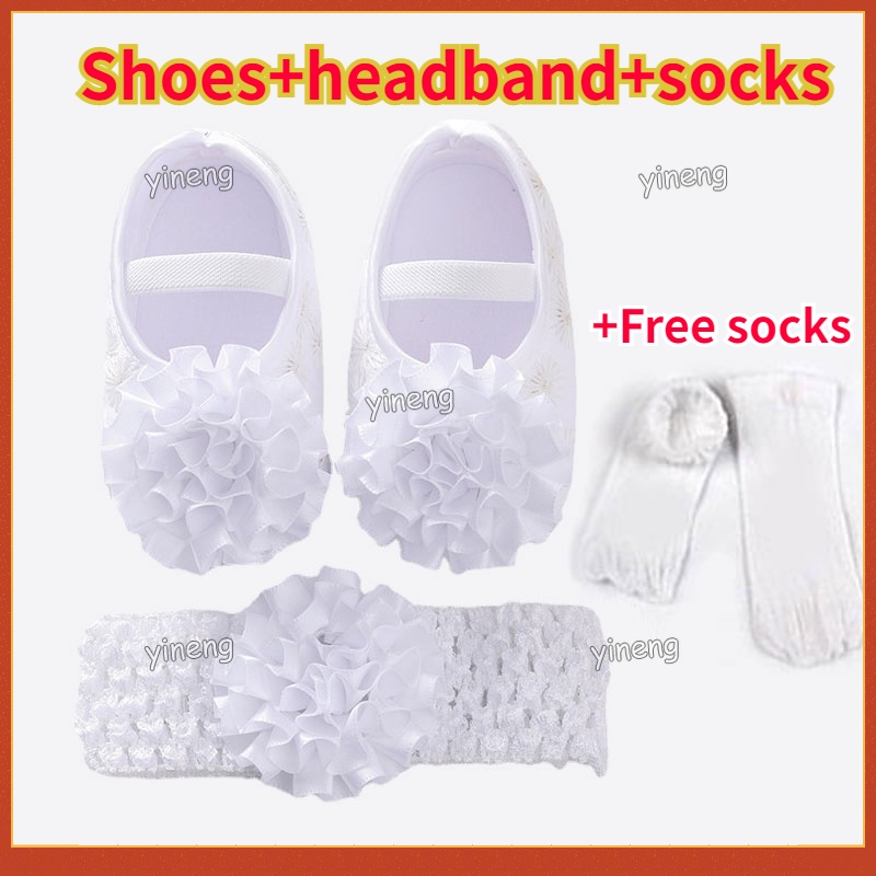 0 12 Month Newborn Baby Girl Shoes Flower Headband White Christening Socks Baptismal Infant Footwear White Baptism Dedication CNY PINK 1 Year Birthday Girl Shoes hairband socks Set Shopee Philippines
