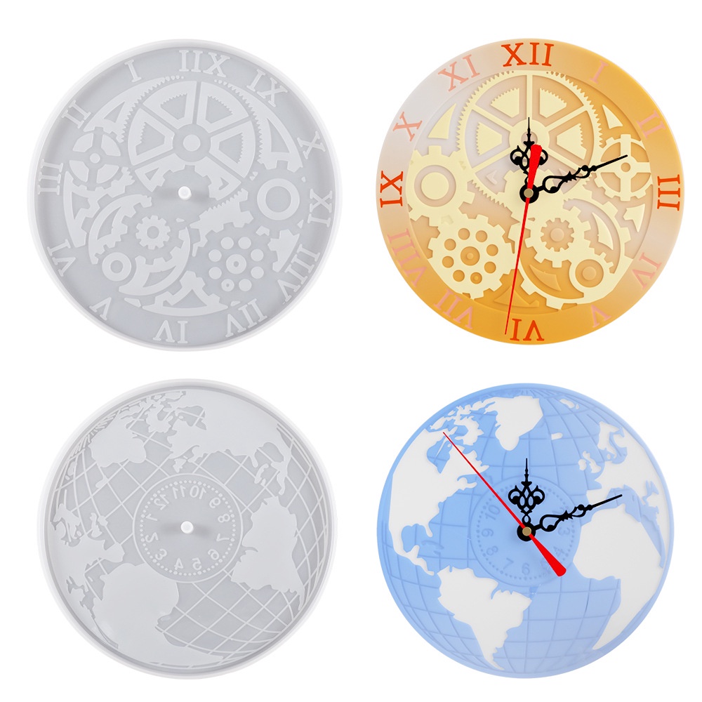 CHK World Map Clock Resin Mold Gear Arabic Roman Wall Clocks Silicone