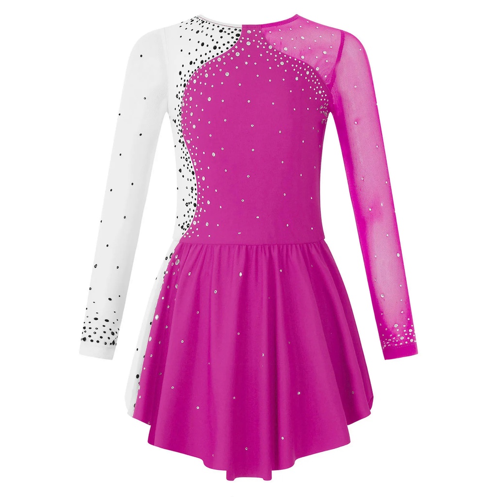 thumbnail image 2 of Kids Girls Figure Ice Skating Ballet Dress Rhinestone Sheer Mesh Tutu Skirted Leotard Rhythmic Gymnastics Lyrical Dance Costume 2 of 11