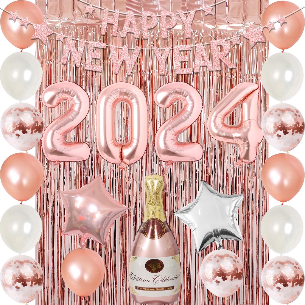 Joymemo Happy New Year Decorations 2024 Kit Rose Gold New Year Party Supplies Celebration Happy 5182