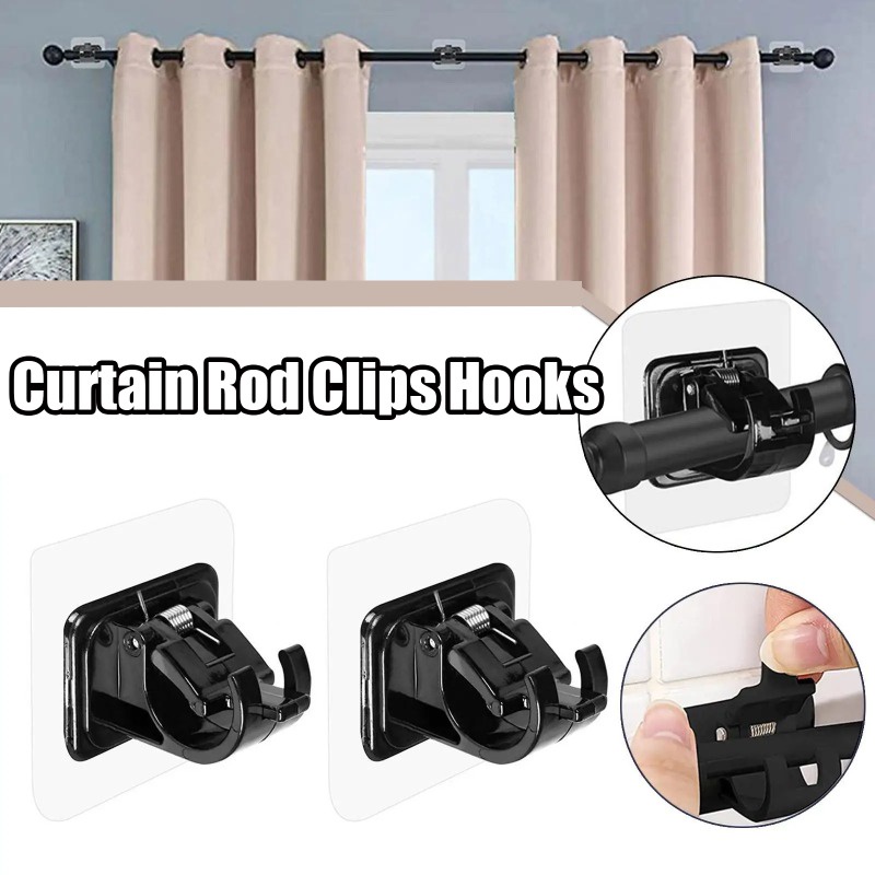 Adjustable Black Nail-Free Curtain Rod Clips Hook/No Drill Self Adhesive  Rack Home Organizer