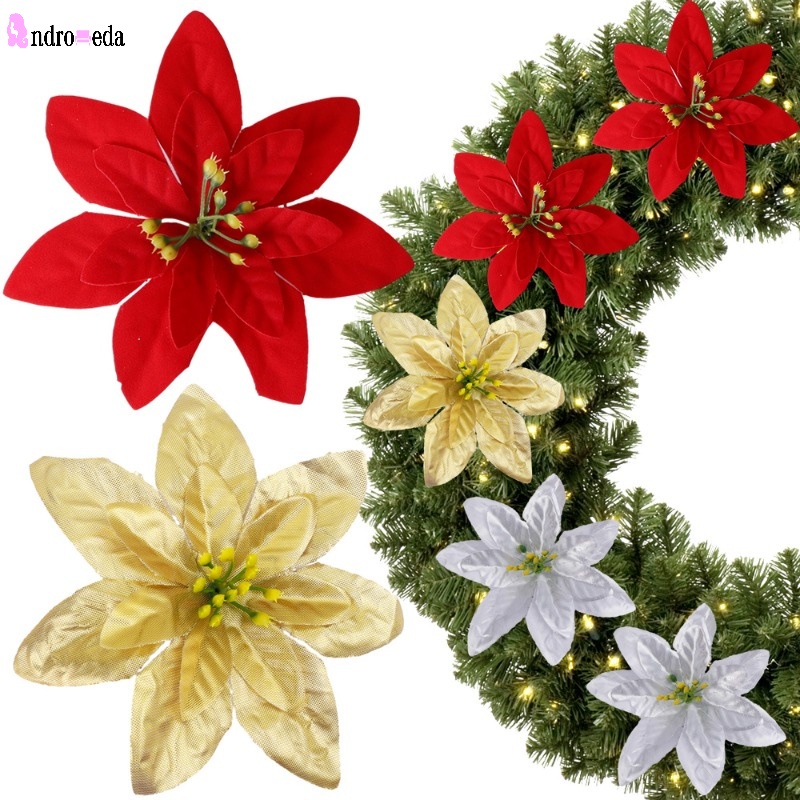 1/5Pcs Delicate Artificial Christmas Flowers Glitter Gold Silver Red