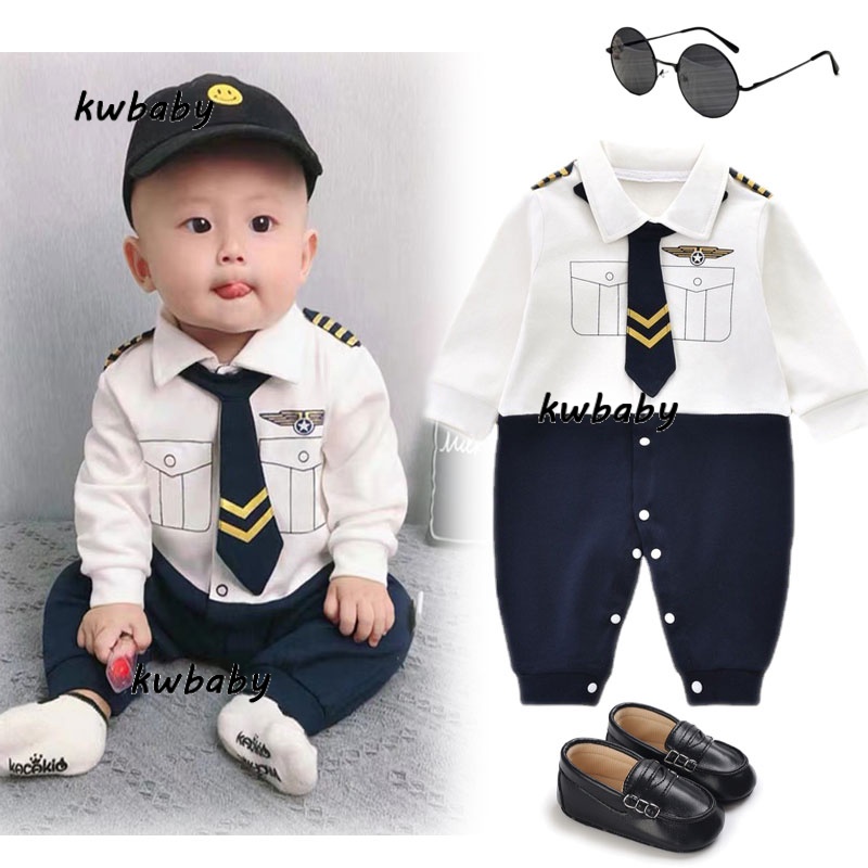 Pilot Uniform Onesies for Baby Boy Girl Long Shirt Baby Romper with Tie